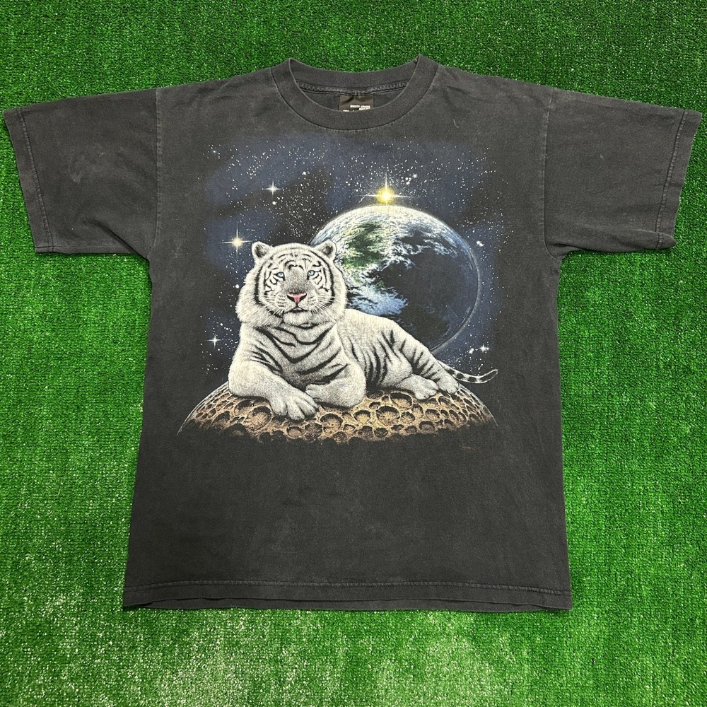 Trinity Products T-Shirt Mens Large Black White Tiger Space Earth Galaxy Vintage